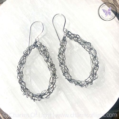 Silver Wire Crochet Teardrop Earrings